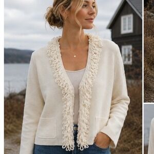 Womens Cream Wool Fringe Cardigan Size L Loop Trim Nordic Scandinavian Boho Luxe
